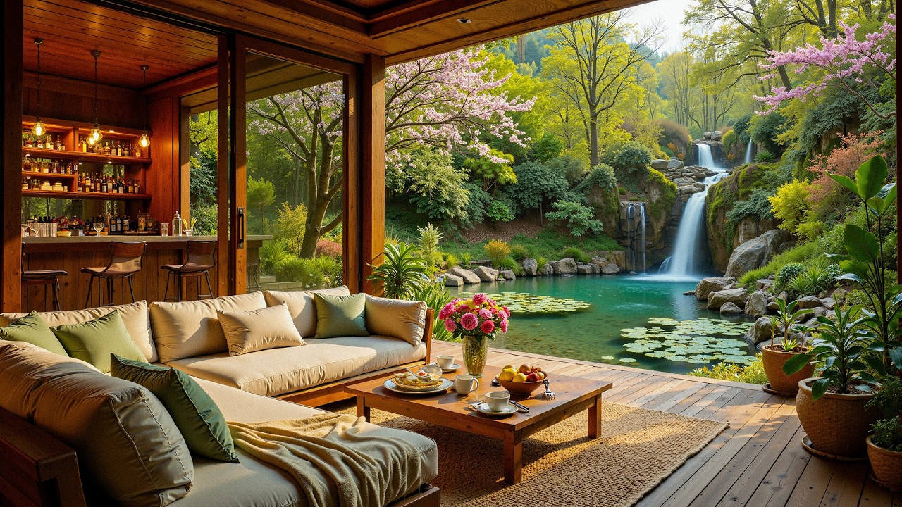 Спокойный джаз у водопада на берегу озера — утренний джаз под звуки природы.