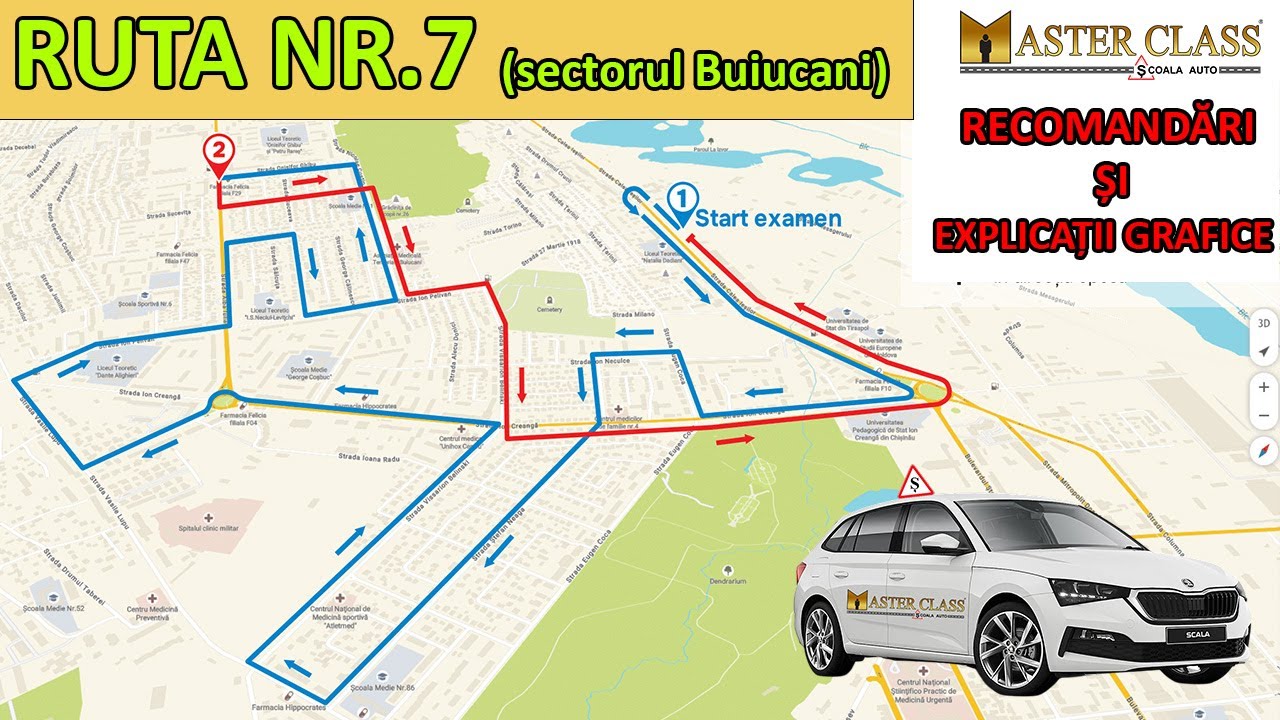 Ruta 7 de examinare pentru categoria B – Sectorul Buiucani, Școala Auto Master Class