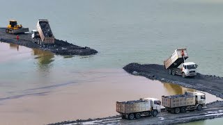 EP1413, Fantastic SHANTUI DH17 Moves Rock and Sand into Lake with SHACMAN delivery rock