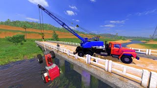 Crane Rescue Tractor - The Crane pulls the Tractor out of the water | Cars vs Deep Water - Vehicles