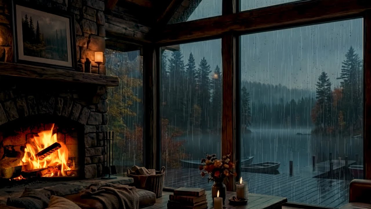 Cozy Winter Fireplace 24/7 | 🌧️heavy rain outside | relaxing nature sounds
