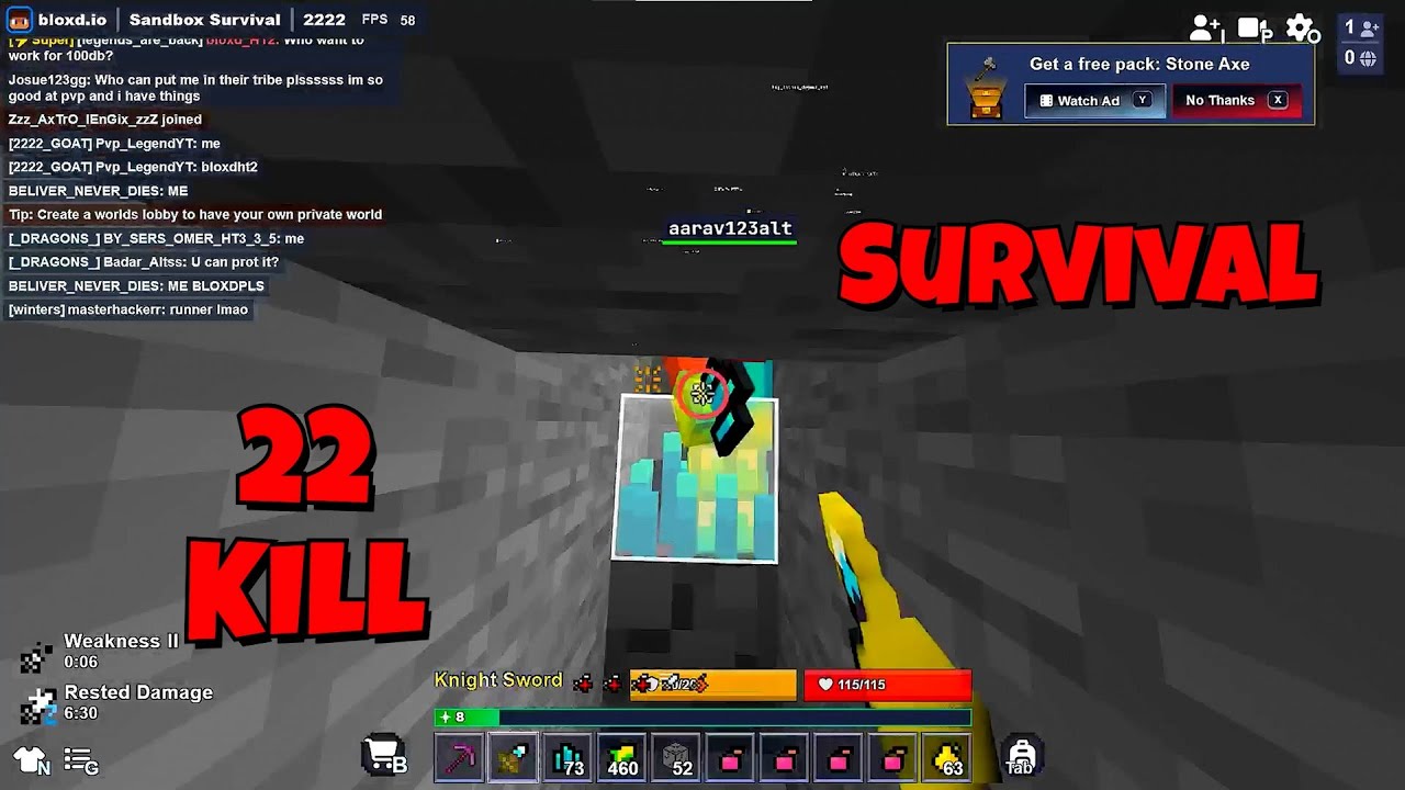 Bloxd.io Survival 22 kill in hole pvp ( 1v3 )