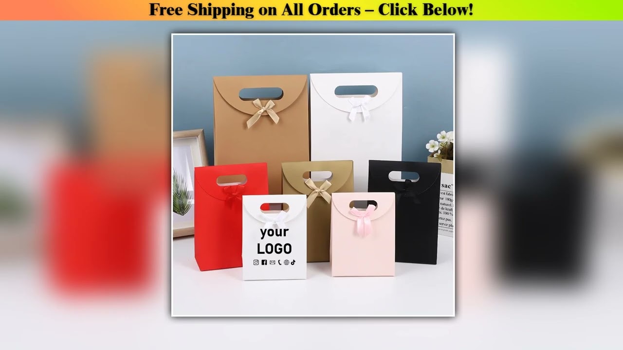 50-Pack Christmas Gift Bags Flap Bow Tote Bag Charm Paper Bag Party Favor Bag Kraft Paper Bag