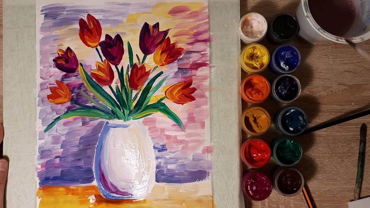 Изо подарок маме. Цветы гуашью. Цветы в вазе гуашью. Рисование тюльпанов гуашью. Букет цветов красками для детей.