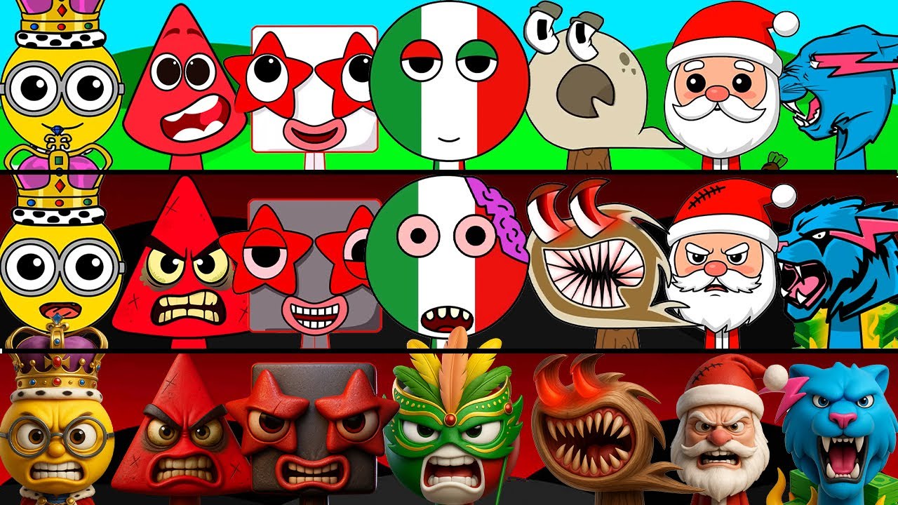 Incredibox Sprunki OC Phase 1 to Phase 3 Italy, Santa Claus, Six (Numberblocks), Q, Among Us Pikachu