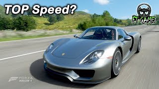 Now on top speed gameplay, this car is a "porsche 918 spyder" in forza
horizon 4. "no upgrade" (power- 886 hp), (torque- 1125 nm), (weight-
1675 kg) spee...