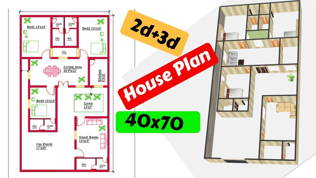 Best 40x70 East House Plan 2d And 3d Floor 1 Plan Youtube