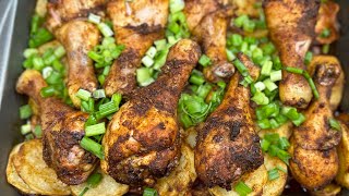 Easy baked chicken legs with roasted potatoes