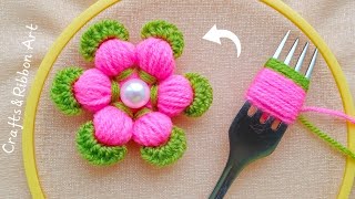 It's so Beautiful 💖🌟 Superb Woolen Flower Making Trick with Fork - Hand Embroidery Amazing Flowers