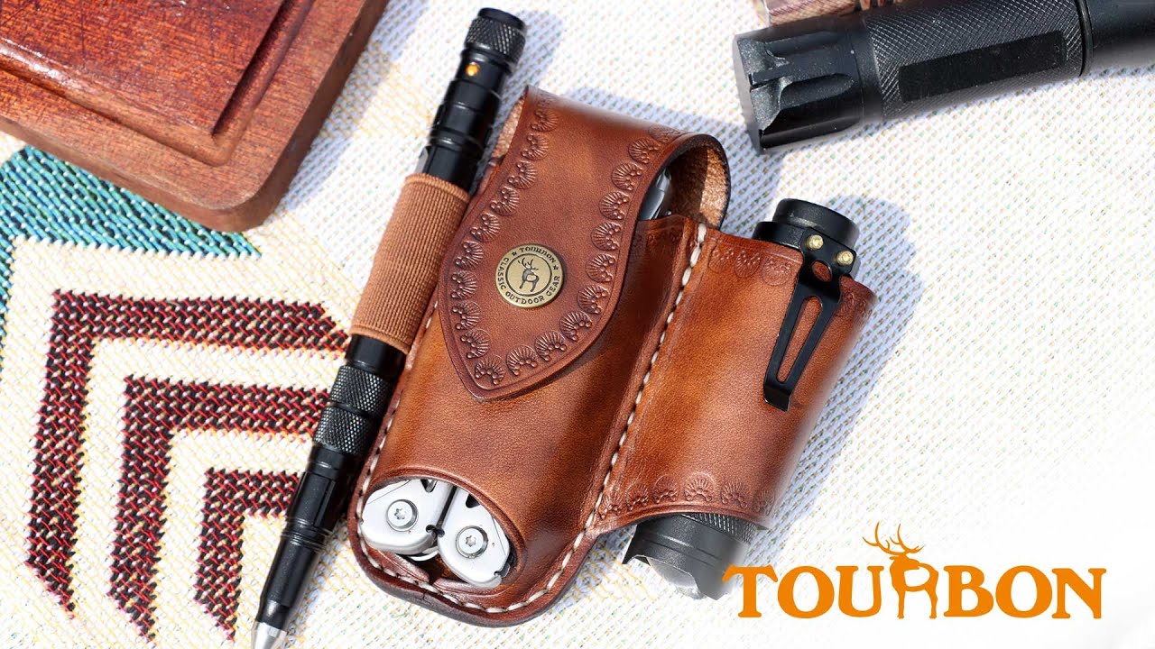 Hide & Drink, Leather Tape & Knife Holder, Marking and Measuring Pouch, Tool Case, Screwdriver Holster, Pocket Belt Pouch, Handmade (Bourbon Brown)