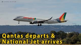 Qantas Airways (VH-VXJ) departs & National Jet Express (VH-8EA) arrives on RW03 at Perth Airport.