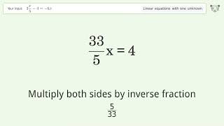 Linear equation with one unknown: Solve 3x/5-4=-6x step-by-step solution