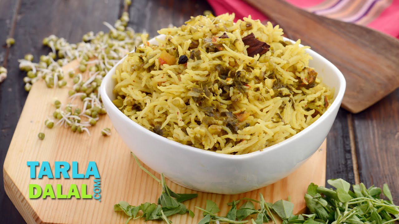 Sprouted Moong Methi Pulao Recipe, Pressure Cooker Pulao by Tarla Dalal