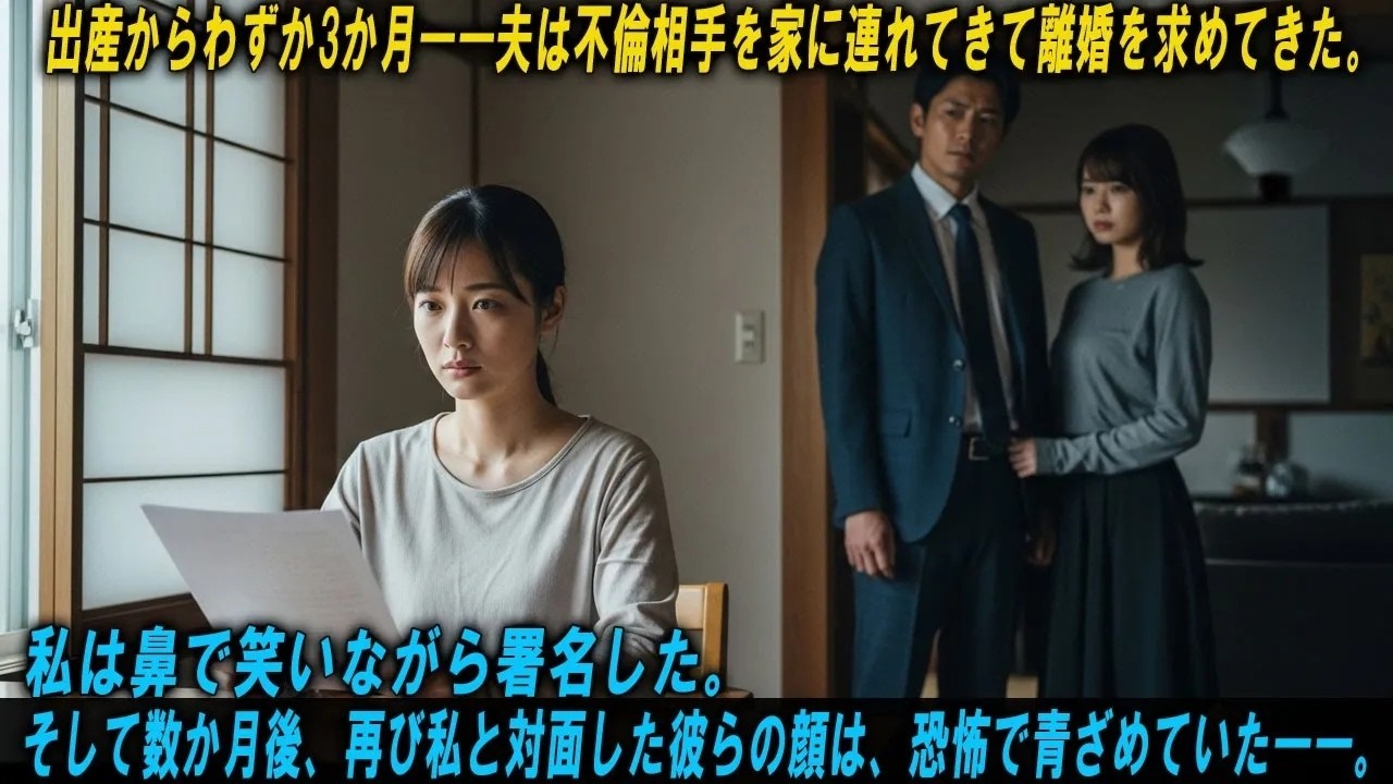 生後三か月の娘を抱いたその日、夫が愛人を連れて家に帰ってきて、こう言いました。「俺たち、もうここで終わりにした方がいいと思う。離婚したい。」 私は泣きもせず、ただ静かに離婚届にサインをしました。けれど、彼らが私の本当の姿を知った時、その顔は恐怖で引きつりました。 私は、彼らが築いた偽りの幸せを、私自身の手で壊していく覚悟を決めていたのです。 あの日、私は何も言わず、ただこう言いました。...