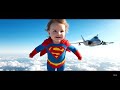 Baby flying like superman in air with hyper sonic plane
