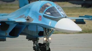 Су-34 взлет с форсажами за десять секунд.