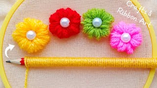It's so Beautiful 💖🌟 Super Easy Woolen Flower Making Idea with Pencil - DIY Hand Embroidery Flowers