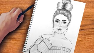 رسم بنات كيوت | تعليم رسم بنت كيوت مع قصه شعر سهل بالرصاص خطوه بخطوه للمبتدئين بطريقة سهلة | رسم سهل