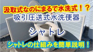 シャトレ動画ショート版　仮設トイレでも使用される、まるで水洗式のように使える吸引圧送式トイレ『シャトレ』の仕組みをご紹介する動画です。従来の汲み取り式の仮設トイレの嫌なニオイをシャットアウトできます！