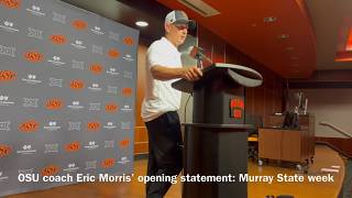 OSU's Eric Morris starts press conference by giving good thoughts to Tulsa football's tragic loss
