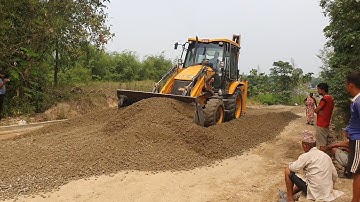 JCB backhoe Finishing and Leveling Gravel in Village Road - JCB Carrying Stone - Dozer Video