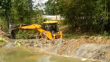 JCB Backhoe Amazing Work in River-JCB Making Dam For Bridge Foundation Construction-Part2