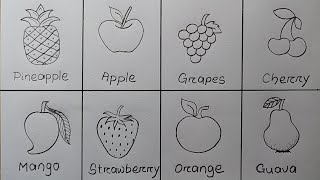 Different types of Fruits drawing easy| How to draw 8 different types of Fruits|Fruits Chart drawing