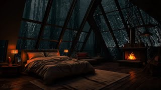 A Cozy Attic Bedroom Rainfall - Fireplace Tranquility 🔥 Rainstorms & Thunders for Sleep & Relaxation