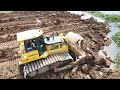 Huge Landfill up Process Stronger Skills Heavy Dozers Pushing Dirt Dump Truck Extremely Unloading