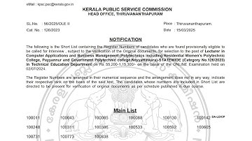 Short list Lecturer in Computer Applications and Business Management (Polytechnics )|2025