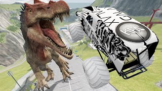 Monster Trucks Jumping Into Giant Dinosaur! - Random Vehicles Destruction | Griff's Garage