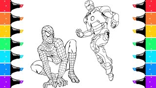 Coloring Spiderman and Iron Man Marvel Superheroes Coloring Page