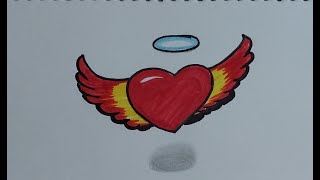 رسم قلب أحمر بجناجين سهل جدا / How to draw c cute heart with two wings easily / #رسم_كيوت