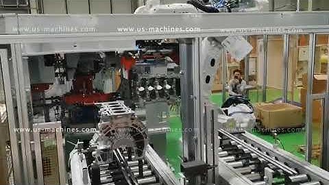 Automobile part assembly machine line with robot hand ABB opertation video