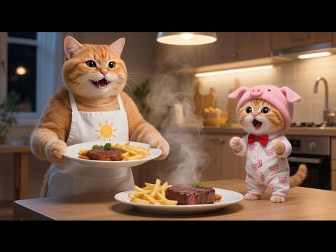 Adorable Kitten Ginger Can’t Sleep – Mama Cat Helps with Beef Steak 🐱🥩💤