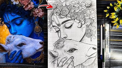 Shree Krishna Drawing, How To Draw Lord Krishna With Grid Method, Step By Step Tutorial 