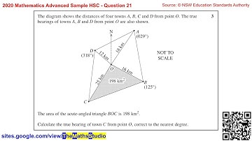 2020 Maths Advanced Sample HSC Q21 Find bearing of town given area of triangle using 0.5absin(C)