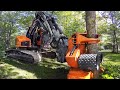 Dangerous fast chainsaw cutting tree machines excavator felling destroy tree  wood sawmill machine