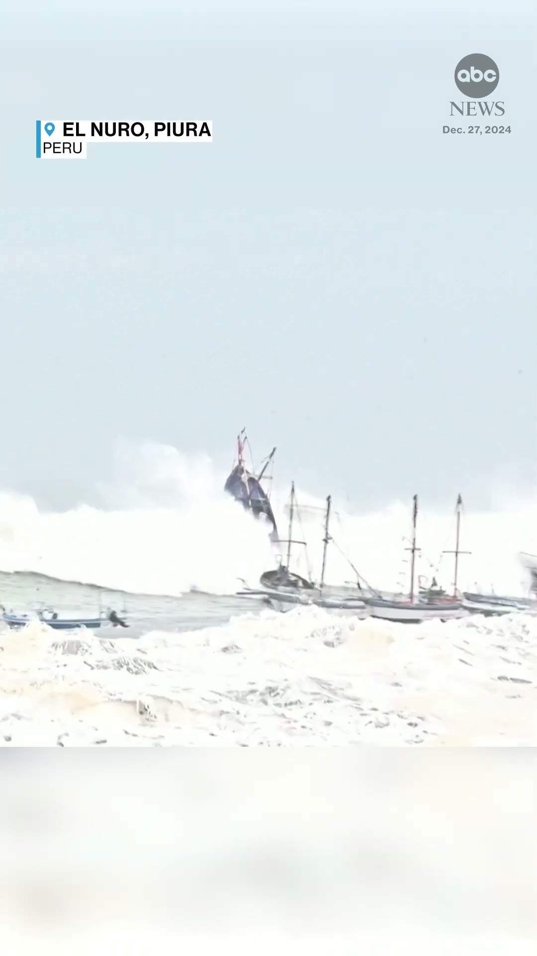 Boats toppled by large waves in Peru