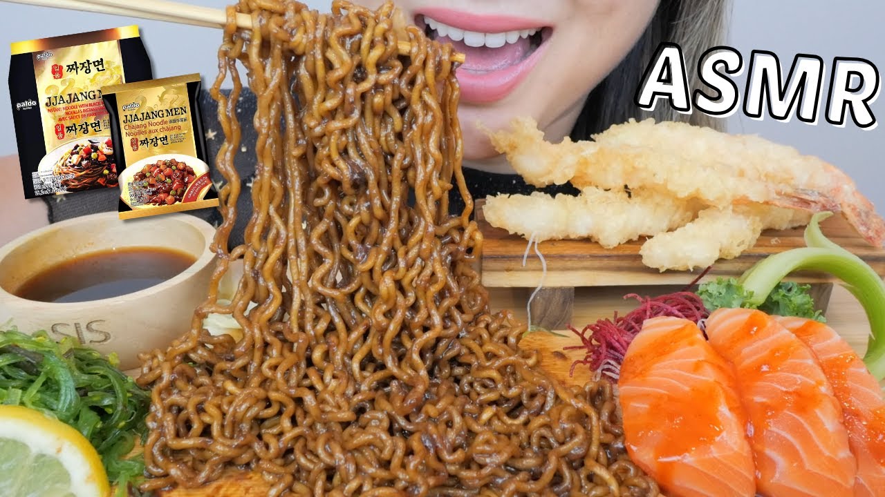 BLACK BEAN NOODLES with SPICY SALMON SASHIMI & Shrimp Tempura *NO Talking Relaxing Eating Sounds |NE