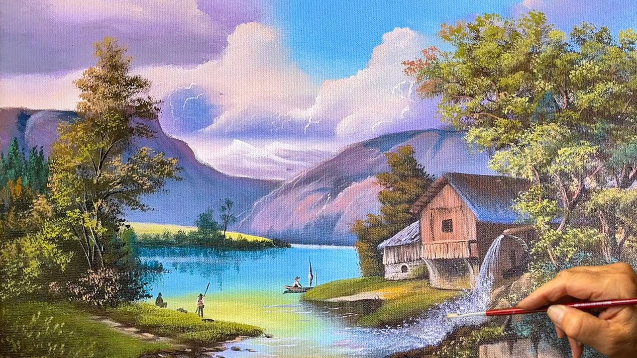 How to Paint Landscape “#99” / Peaceful Riverside Mill Scene / Acrylic Painting | LDL ART