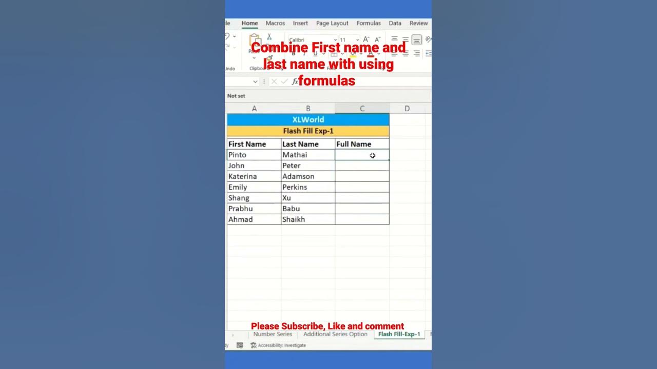 Combine first name and last name without using formulas in excel