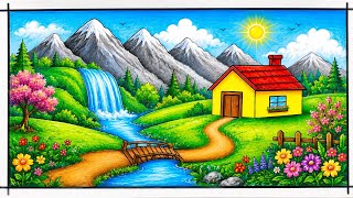 How to Draw Beautiful Village Scenery with House, River, Trees & Mountains | Easy Drawing Tutorial