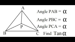 In triangle ABC, P is any point inside it such that PAB=PBC=PCA=alpha, find tan(alpha)