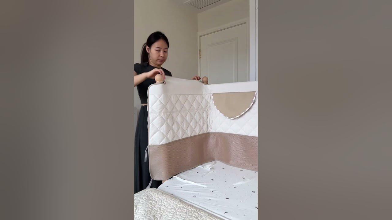 Immersive baby room layout with crib. Sunlight shines through the gauze curtains,