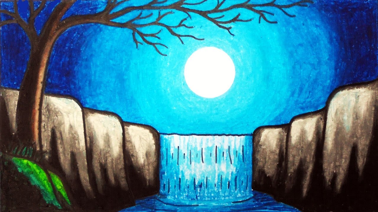 Easy Moonlight Waterfall Scenery Drawing | How to Draw Simple Scenery