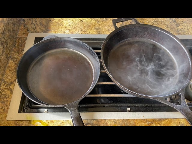 8 Field skillet after 2 weeks of daily use. Seasoning is coming along. It's  wierd how it's dark gray when you get it, but ends up turning a dark bronze  as you
