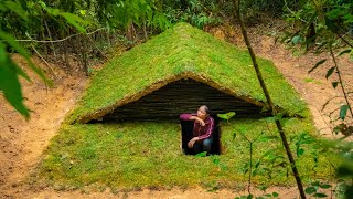 Girl Living Off Grid, Built Fully Equipped Green Grass Roof Underground Dugout Home
