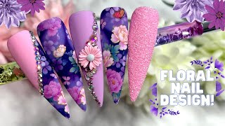 PURPLE FLORAL NAIL DESIGN| TRANSFER FOIL NAILS| MADAM GLAM