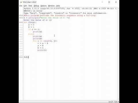 This Python program performs the Fibonacci sequence using a for-loop ... image.